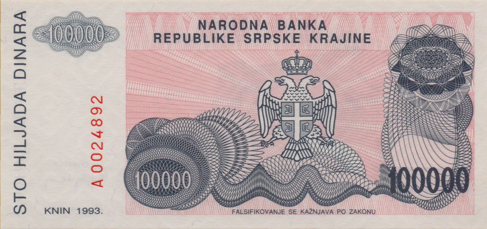 Croatia 100000 1993 UNC P-R22